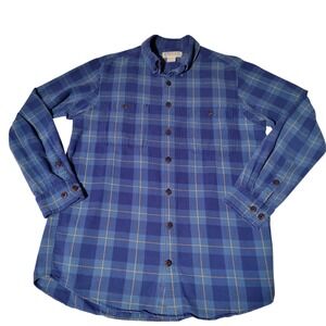 Duluth Trading Co Men Plaid Flannel Long Sleeve Button Shirt Blue Yellow Sz LT